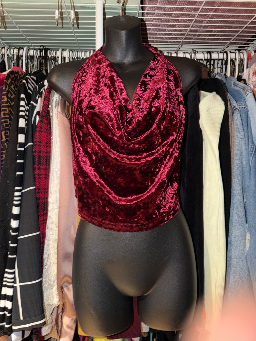 Reverse Burgundy Velvet Cowl Halter Crop Top